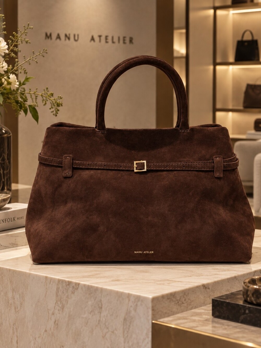🌟 MANU ATELIER Le Cambon 40 Suede Top-Handle Bag in Deep Brown, NEW